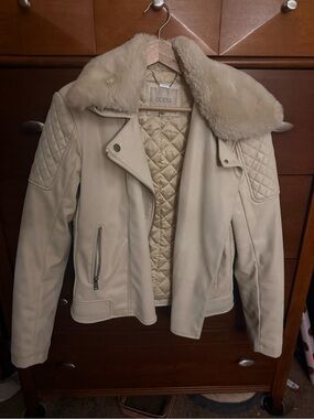 GUESS Cream Faux-Shearling Collar Moto Jacket
